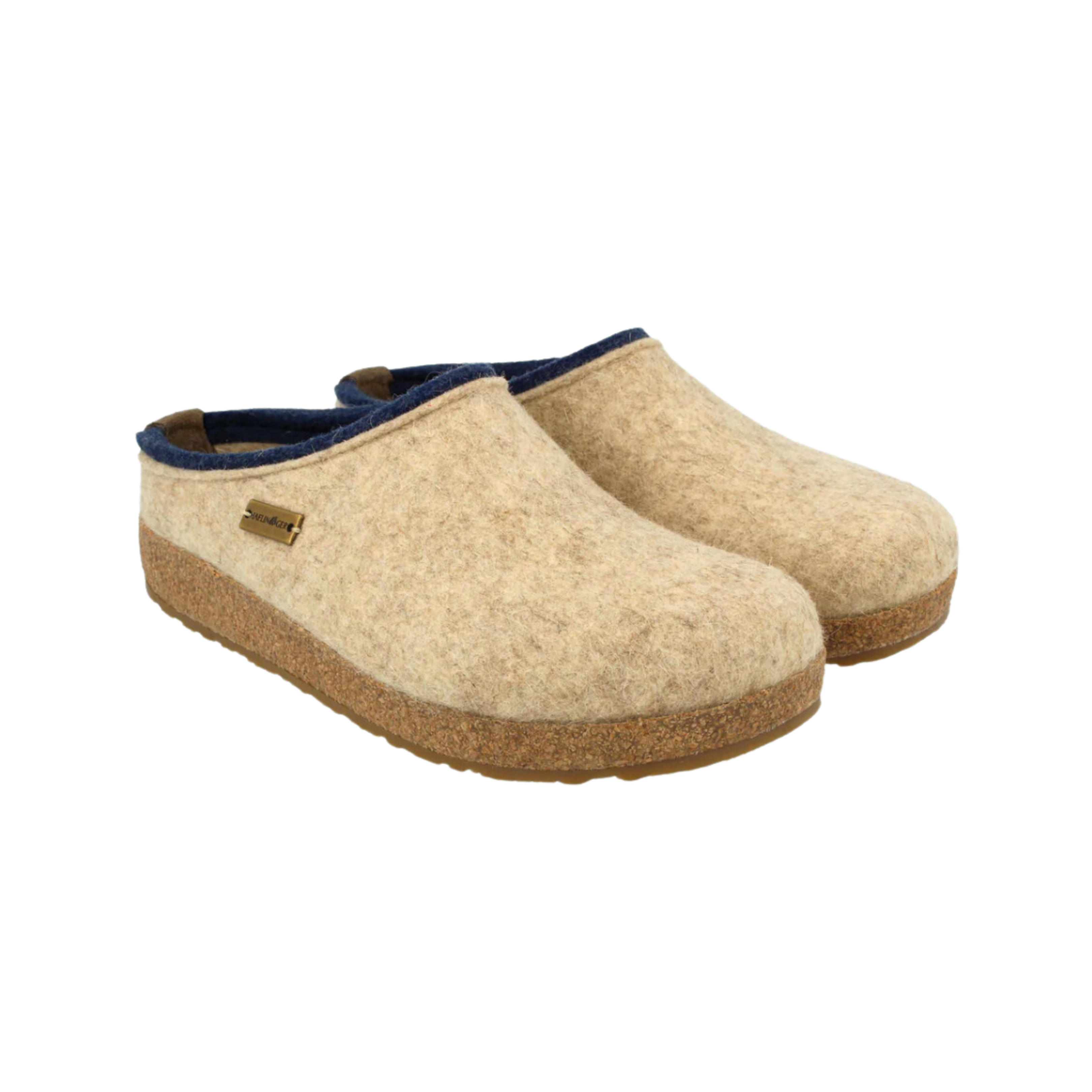 Women's Haflinger Kris slip-on shoe in tan and navy with a cork bottom