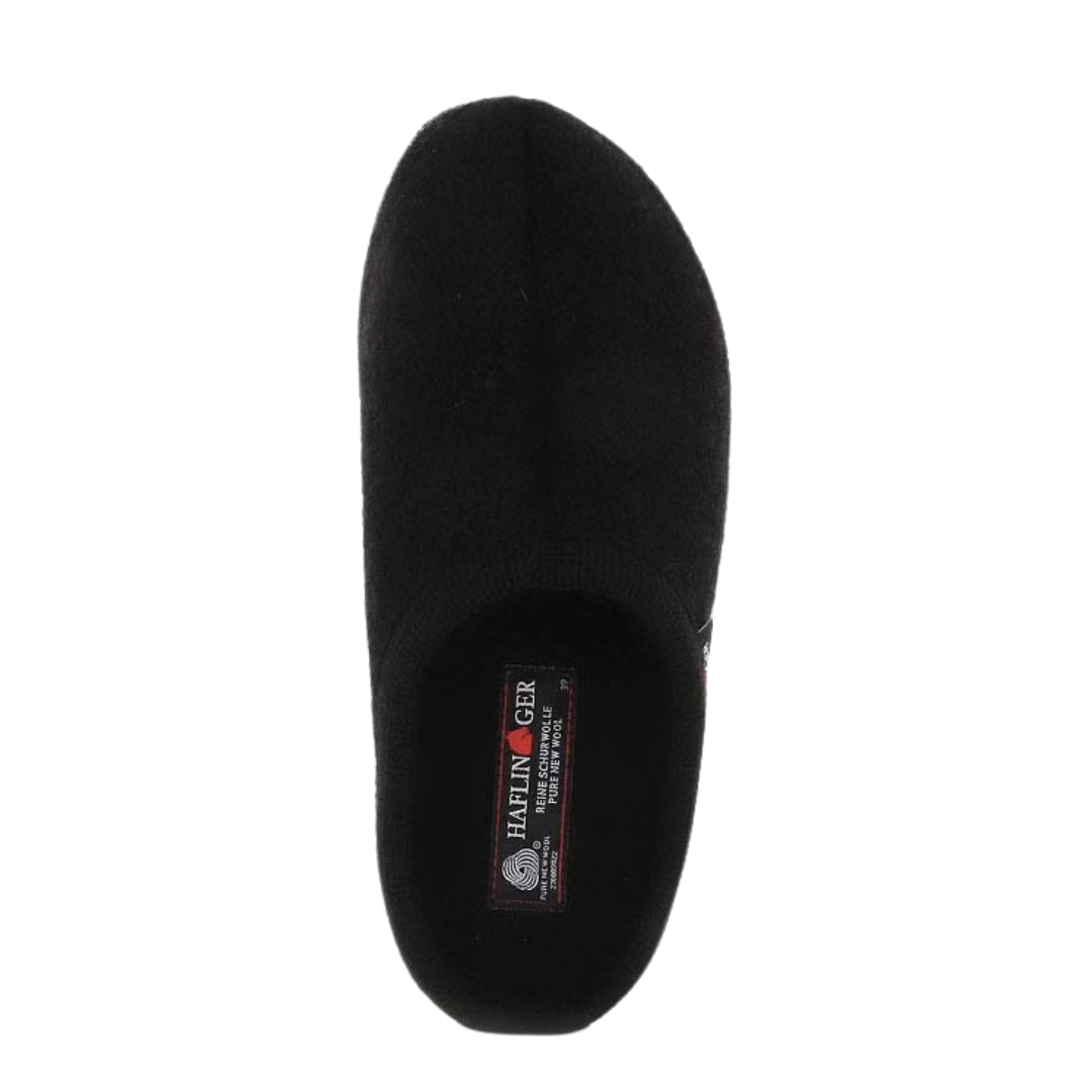 Top view of Haflinger Men's AT in Black – featuring a soft, breathable wool felt upper, wide toe box for natural foot movement, and slip-on design crafted for all-day indoor comfort and warmth.