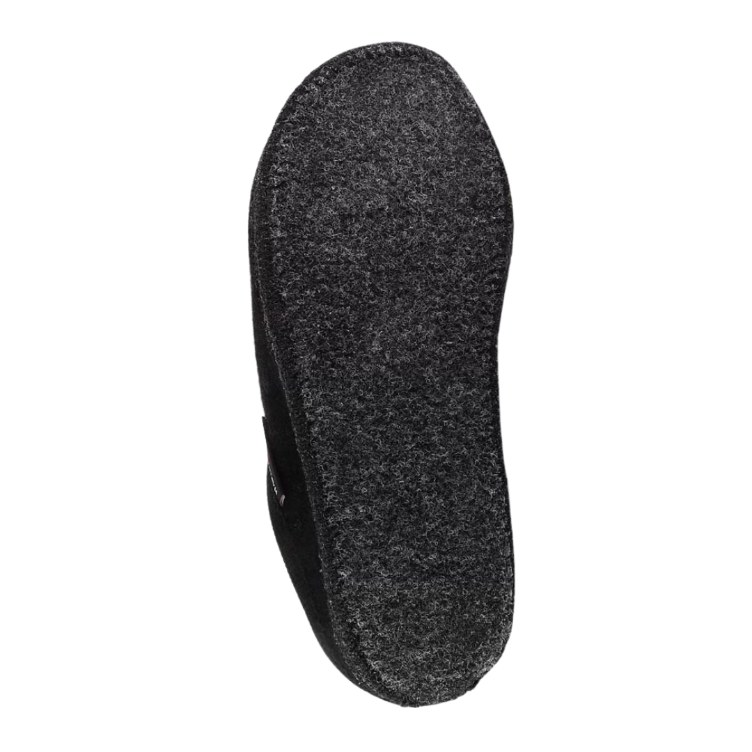 Bottom view of Haflinger Men's AT in Black – featuring a durable, slip-resistant rubber outsole for traction on indoor surfaces and short outdoor trips.