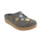 Side View of Women’s Haflinger Faible slipper in grey – featuring a soft wool upper, adjustable buckle strap for a secure fit, and a contoured cork footbed for all-day comfort.