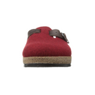 Front view of Haflinger Women's GZB in Chili – featuring a rounded toe, seamless felt construction, and functional strap detail for added structure and visual appeal.