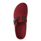 Top view of Haflinger Women's GZB in Chili – featuring a rich red wool felt upper, adjustable instep strap with metal buckle, and anatomically shaped cork-latex footbed designed for breathable comfort and secure fit.