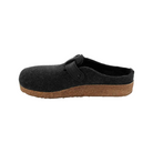 Side view of Haflinger Women's GZB Clog in Charcoal – featuring a structured charcoal wool felt upper, ergonomic cork-latex midsole, and a functional buckle strap for a secure and adjustable fit.