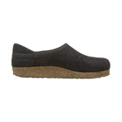 Side view of Haflinger Women's GZH in Charcoal – featuring a structured charcoal wool upper, ergonomic cork-latex midsole, and an adjustable hook-and-loop strap for a secure, customizable fit.