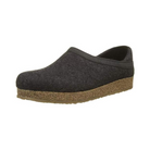 Side view of Haflinger Women's GZH in Charcoal – featuring a structured charcoal wool upper, ergonomic cork-latex midsole, and an adjustable hook-and-loop strap for a secure, customizable fit.