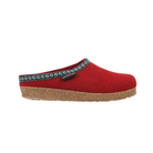 Side view of Haflinger GZ Classic in Chili – featuring a bold chili red wool felt upper, anatomically shaped cork-latex midsole, and slip-on clog profile designed for all-day ergonomic support.