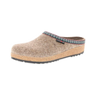Angled view of Haflinger Women's GZ Grizzly Classic in Earth – featuring cozy wool felt in a natural brown hue, supportive cork-latex midsole, and a non-slip sole crafted for long-lasting comfort, structure, and timeless clog style.