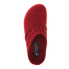 Top view of Haflinger Women's GZ Lacey in Chili – featuring a vibrant red wool felt upper, scalloped lace trim around the collar, spacious round toe box, and contoured cork-latex footbed designed for supportive, breathable comfort.