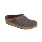 Angled view of Haflinger Women's Grizzly ZigZag in Grey – featuring soft wool felt, contrasting decorative stitching, anatomically shaped cork-latex midsole, and a non-slip sole crafted for all-day support and timeless style.