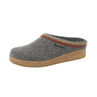 Side View of Women’s Haflinger Grizzly ZigZag slipper in gray – featuring a cozy wool upper with zigzag pattern, contoured cork footbed for arch support, and a flexible rubber outsole for indoor/outdoor use.