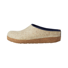Side view of Haflinger Women's Kris in Tan – featuring a stylish open-toe sandal silhouette, natural wool upper with cut-out detailing, and an ergonomic cork-latex midsole designed for all-day arch support and stability.