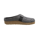 Side view of Haflinger Women's Two-Tone Magic in Black/Grey – featuring a contrasting black and grey wool felt upper, cushioned footbed for support, and a low-profile design crafted for easy, relaxed wear.