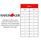 Haflinger shoe size chart comparing US and EU sizes on a white background