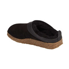 Side View of Women’s Haflinger Snowbird slipper in black – featuring a soft wool upper, cozy fleece lining, and a flexible rubber sole for indoor and outdoor wear.

