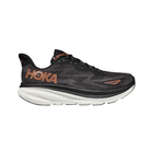Side View of Women’s HOKA Clifton 9 Running Shoe in Black/Copper – featuring compression-molded EVA midsole for lightweight cushioning, engineered mesh upper for breathability, and early stage Meta-Rocker for smooth transitions.