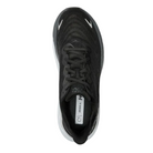 Top view of Men’s Arahi 6 running shoe in black and white – featuring padded tongue and collar for comfort, moisture-wicking lining to keep feet dry, and secure lace-up closure for locked-in fit.