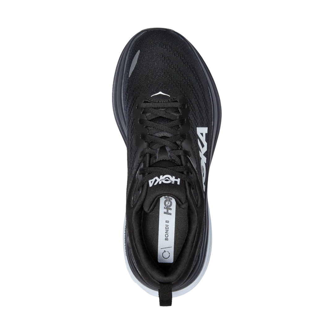 Top view of Bondi 8 running shoe in black and white – featuring padded tongue and collar for comfort, moisture-wicking lining to keep feet dry, and traditional lace-up closure for secure fit.