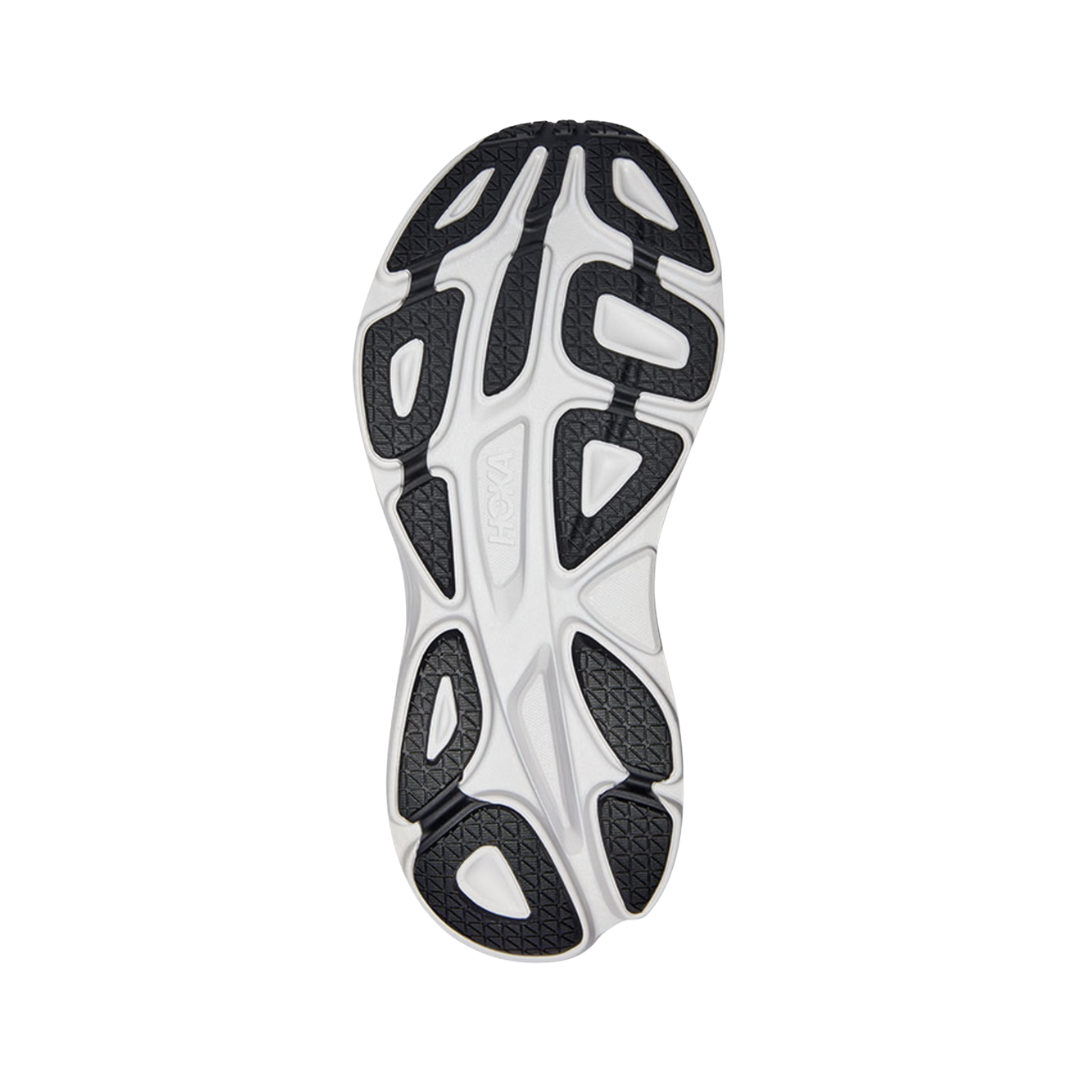 Bottom View of Men’s HOKA Rincon 3 Running Shoe in Black/White – featuring high-abrasion rubber zones for durability, strategic outsole cutouts for reduced weight, and flex grooves for natural foot movement.