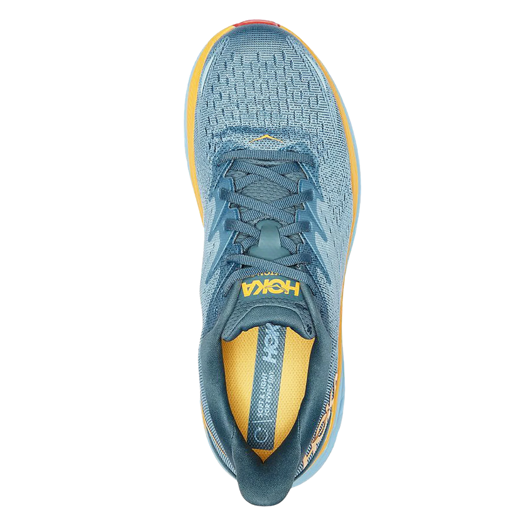 Top view of Men’s Clifton 8 running shoe in goblin blue and mountain spring – featuring padded tongue and collar for comfort, moisture-wicking lining to keep feet dry, and traditional lace-up closure for secure fit.