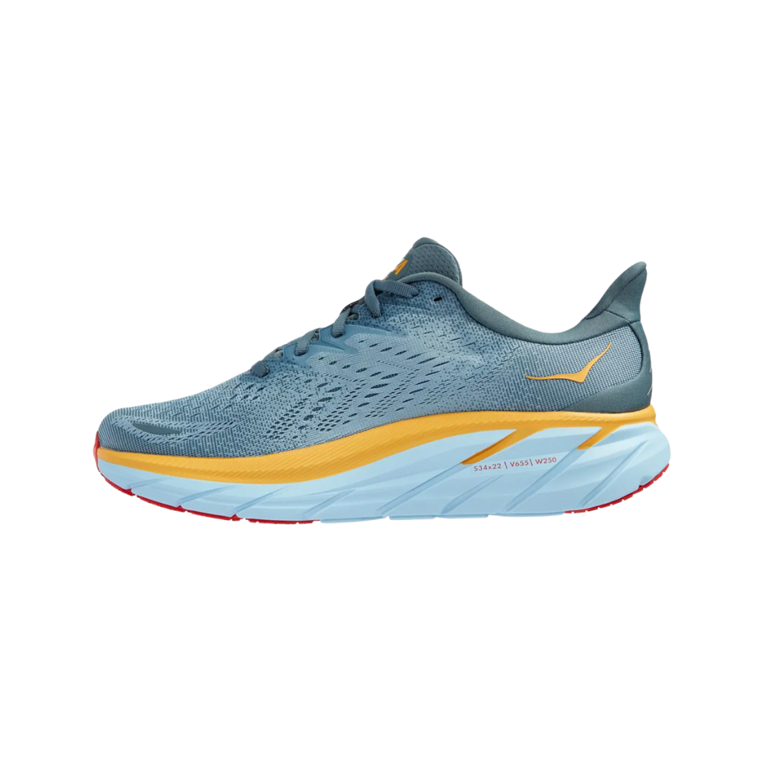 Side view of Men’s Clifton 8 running shoe in goblin blue and mountain spring – featuring engineered mesh upper for breathability, DNA LOFT cushioning for soft, responsive ride, and sleek silhouette designed for lightweight performance.