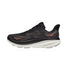 Side View of Women’s HOKA Clifton 9 Running Shoe in Black/Copper – featuring compression-molded EVA midsole for balanced cushioning, engineered mesh upper for breathable support, and early stage Meta-Rocker for smooth transitions.
