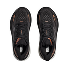 Top View of Women’s HOKA Clifton 9 Running Shoe in Black/Copper – featuring ventilated mesh upper, plush padded collar and tongue, and traditional lacing system for a secure fit.