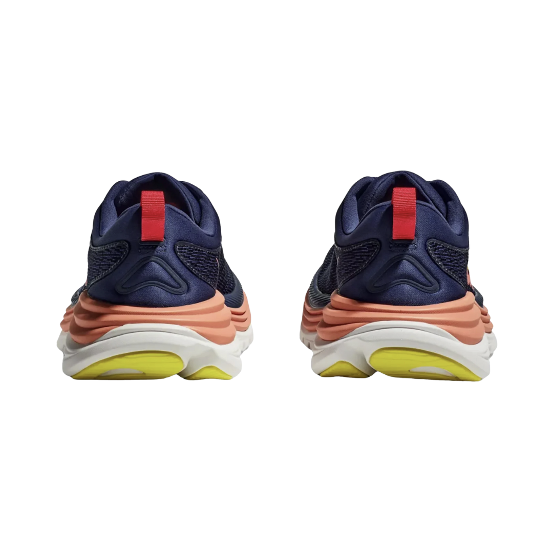 Back View of Women’s HOKA Gaviota 5 Stability Running Shoe in Evening Sky/Coral – featuring structured heel counter for support, extended heel tab for easy on/off, and reflective accents for added visibility.