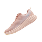Angled View of Women’s HOKA Rincon 3 Running Shoe in Shell Coral/Peach – featuring streamlined silhouette for race-day performance, cushioned midsole for soft landings, and airy construction for reduced weight.