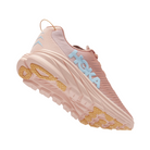 Angled View of Women’s HOKA Rincon 3 Running Shoe in Shell Coral/Peach – featuring streamlined silhouette for race-day performance, cushioned midsole for soft landings, and airy construction for reduced weight.