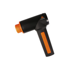 Angled View of Jawku Muscle Blaster Chrome in black and orange – featuring a cylindrical massage head, ergonomic handle with control buttons and LED indicators, and compact design for targeted muscle relief.