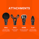 Front View of four Jawku Muscle Blaster Chrome attachments – featuring a round ball head for large muscle groups, a forked ball head for back and spine, a dome head for full body and relaxation, and a flat head for deep tissue and knots.