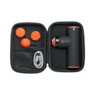 Top View of Jawku Muscle Blaster Mini in black and orange – featuring dual circular control buttons and LED indicators on the rear for mode selection and battery level display.
