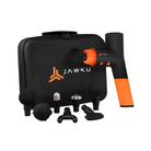 Angled View of Jawku Muscle Blaster Mini in black and orange – featuring a compact handheld design, ergonomic grip, and interchangeable massage head attachment for deep muscle therapy.
