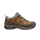 Side view of Women’s Circadia Low Waterproof hiking shoe in syrup and no atlantic – featuring a waterproof nubuck leather and mesh upper for weather protection, cushioned midsole with advanced shock absorption to reduce joint strain, and reinforced toe and heel overlays for durability.