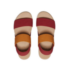 Top view of Women’s Elle Backstrap sandal in merlot and birch – featuring wide elastic straps for breathable support, contoured footbed with gentle arch, and open design for warm-weather comfort.