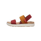 Side view of Women’s Elle Backstrap sandal in merlot and birch – featuring stretch gore straps for a flexible fit, adjustable hook-and-loop backstrap for secure wear, and lightweight EVA midsole for cushioned comfort.