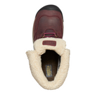 Top view of Women’s Betty Waterproof Short Boot in burgundy and brindle – featuring a plush fleece lining for cozy warmth, wide opening for easy on and off, and removable footbed with arch support for cushioned comfort.