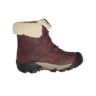 Side view of Women’s Betty Waterproof Short Boot in burgundy and brindle – featuring a waterproof leather and textile upper for protection in wet conditions, KEEN.WARM insulation rated to -25°F for cold weather, and a short boot height for versatile winter wear.