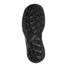 Bottom view of Women’s Circadia Low Waterproof hiking shoe in black and cloud blue – featuring a rugged rubber outsole with multi-directional lugs for reliable traction on varied terrain, flex grooves for natural foot movement, and slip-resistant tread to enhance stability and prevent falls.