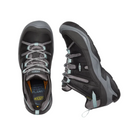 Top and Side View of Women’s Keen Circadia Low Waterproof hiking shoe in black/cloud blue – featuring waterproof construction with breathable mesh panels, secure lace-up closure, padded collar for support, and a durable rubber outsole for varied terrain.