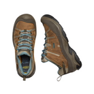 Top and Side View of Women’s Keen Circadia Low Waterproof hiking shoe in north atlantic – featuring a waterproof leather and mesh upper, secure lace-up system, cushioned footbed for comfort, and a slip-resistant outsole for hiking stability.

