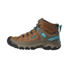 Side view of Women’s Circadia Mid Waterproof Boot in coconut and north atlantic – featuring a waterproof nubuck leather and mesh upper for weather protection, cushioned midsole with advanced shock absorption to reduce joint strain, and reinforced toe and heel overlays for durability.