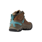 Back view of Women’s Circadia Mid Waterproof Boot in coconut and north atlantic – featuring molded heel counter for rearfoot stability, pull tab for easy on and off, and reflective accents for enhanced low-light visibility.