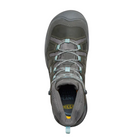 Top view of Women’s Circadia Mid Waterproof Boot in steel grey and cloud blue – featuring padded collar and tongue for ankle support, moisture-wicking lining to keep feet dry and healthy, and secure lace-up closure with reinforced eyelets for locked-in fit.