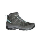 Side view of Women’s Circadia Mid Waterproof Boot in steel grey and cloud blue – featuring a waterproof nubuck leather and mesh upper for weather protection, cushioned midsole with advanced shock absorption to reduce joint strain, and reinforced toe and heel overlays for durability.