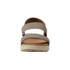 Front view of Women’s Elle Backstrap sandal in brindle and birch – featuring crisscross elastic straps for foot-hugging fit, open toe for ventilation, and subtle color contrast for casual appeal.
