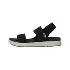 Side view of Women’s Elle Strappy sandal in black and vapor – featuring multiple adjustable leather straps for customized fit, cushioned EVA midsole for all-day comfort, and lightweight flexible sole for natural movement.