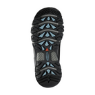 Bottom view of Women’s Targhee III Low hiking shoe in magnet and atlantic blue – featuring a rugged rubber outsole with multi-directional lugs for reliable traction on varied terrain, flex grooves for natural foot movement, and non-marking design for versatile use.
