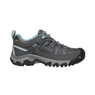 Side View of Women’s Keen Targhee III Low hiking shoe in magnet/atlantic blue – featuring a breathable mesh and leather upper, cushioned midsole for comfort, and a durable outsole with multi-directional lugs for reliable trail traction.

