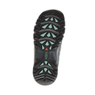 Bottom view of Women’s Targhee Vent hiking shoe in steel grey and ocean wave – featuring a rugged rubber outsole with multi-directional lugs for reliable traction on varied terrain, flex grooves for natural foot movement, and non-marking design for versatile use.